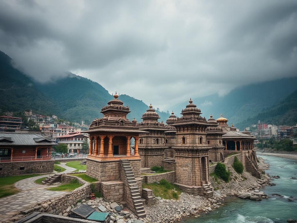Ancient stone temples beside the river in Chamba town