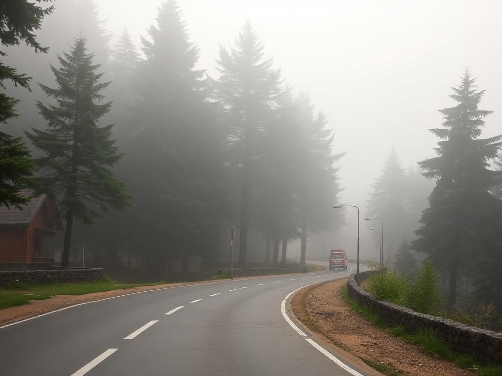 Misty deodar-lined road in Dalhousie