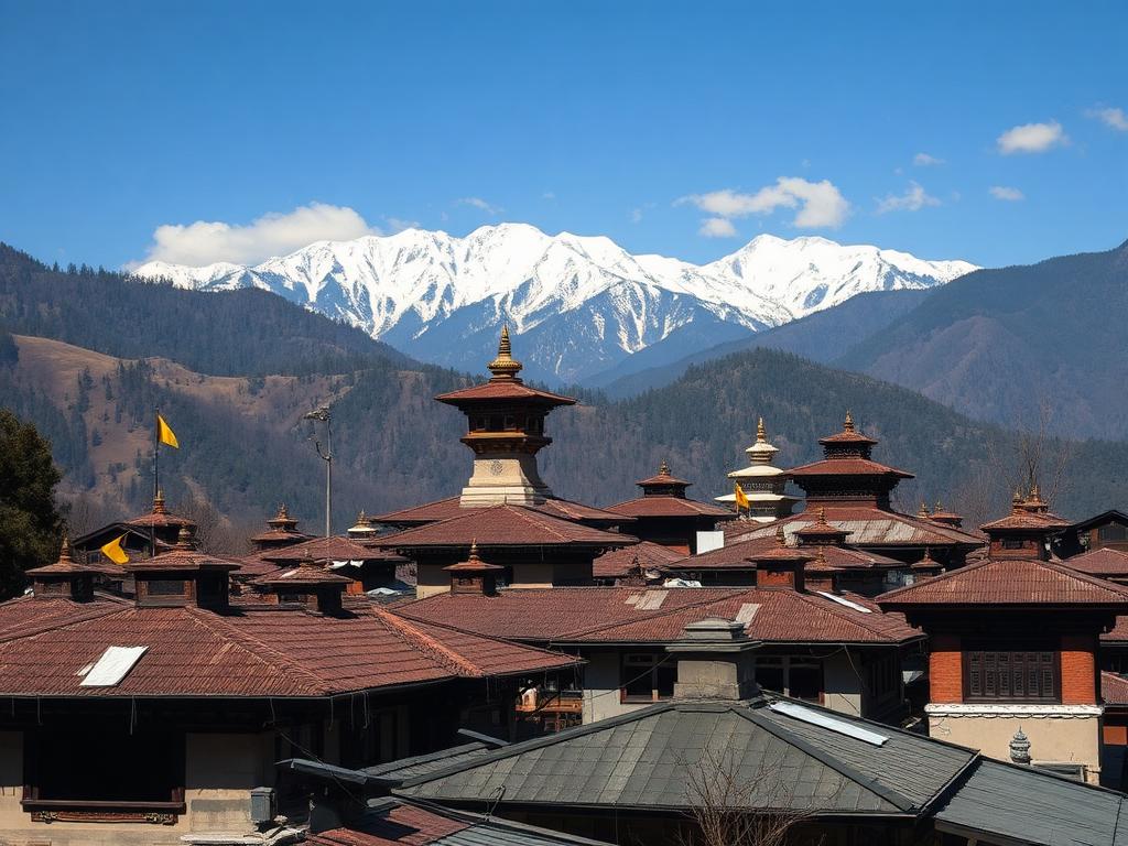 Monastery rooftops in Dharamshala with the Dhauladhar range behind
