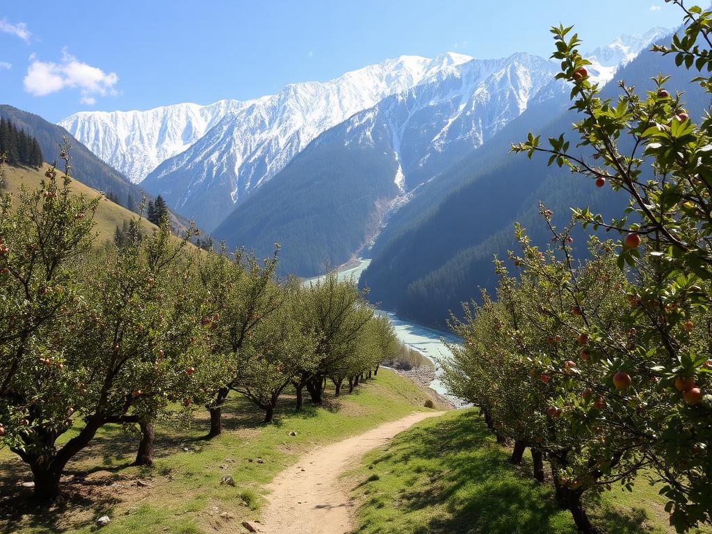 Apple orchards above the river gorge with snow peaks in Kinnaur