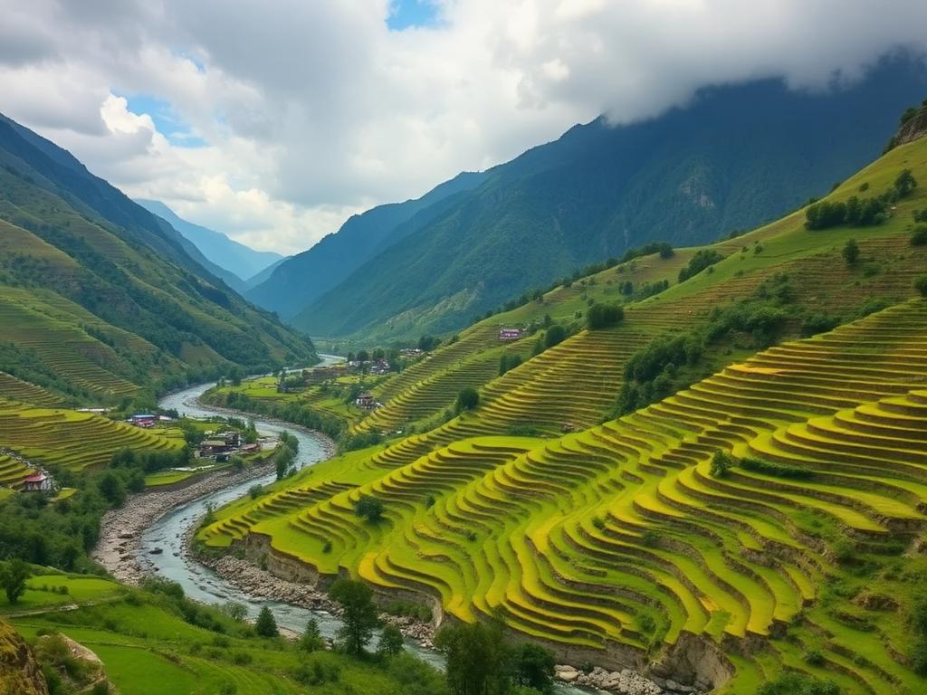 Terraced fields along the river in Kullu valley