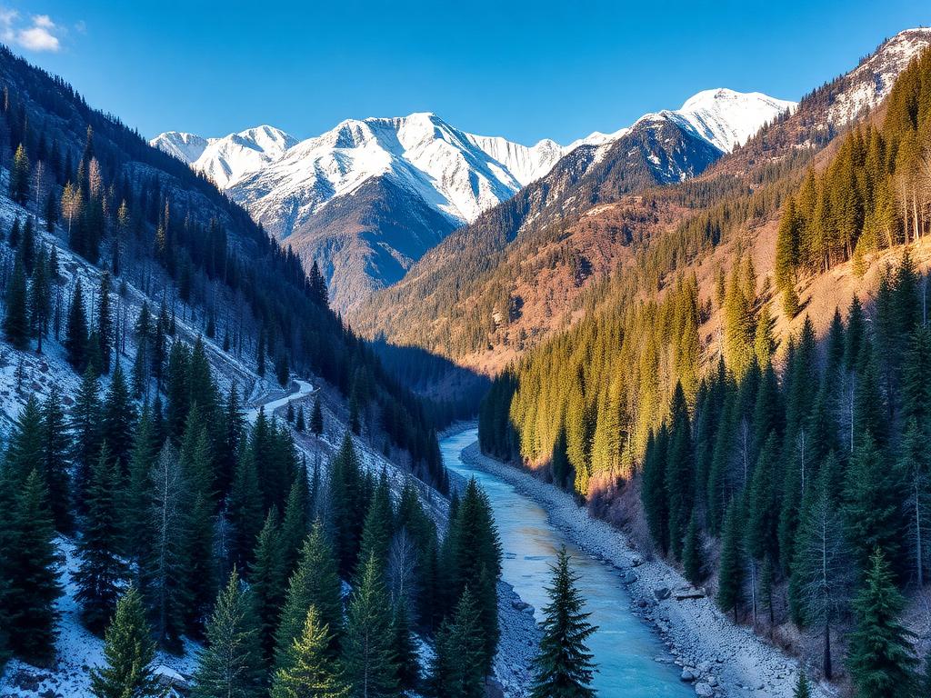 Snow-capped peaks above the pine-covered Manali valley