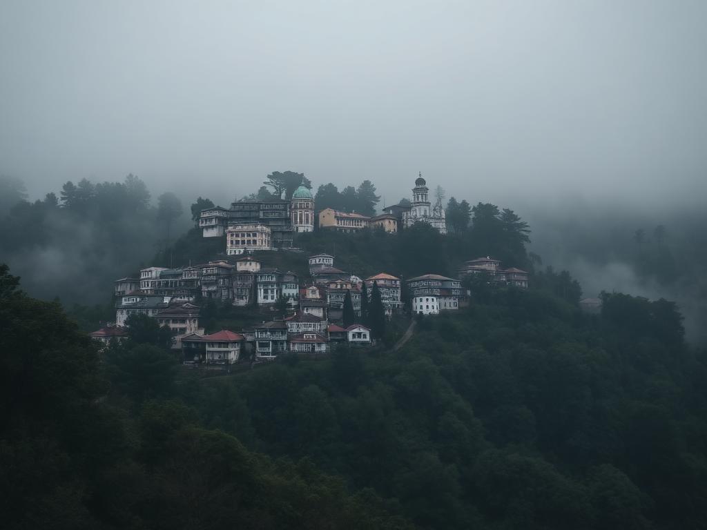 Shimla hillside houses in deodar forest under mist